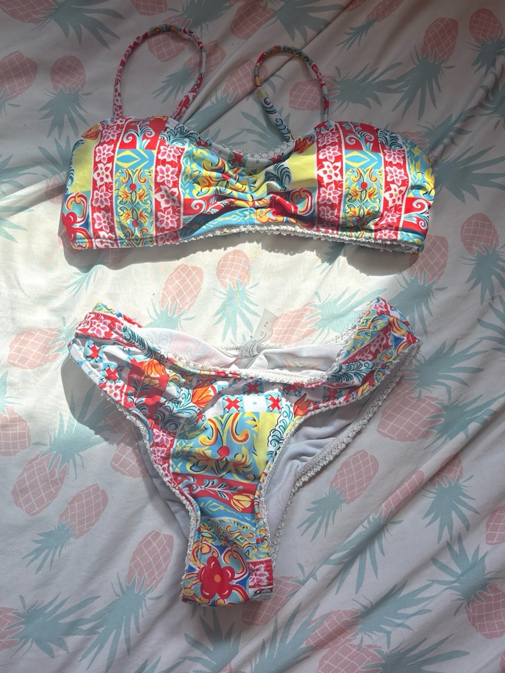Multicolor Patterned Bandeau Bikini Top - Red, Yellow, Blue